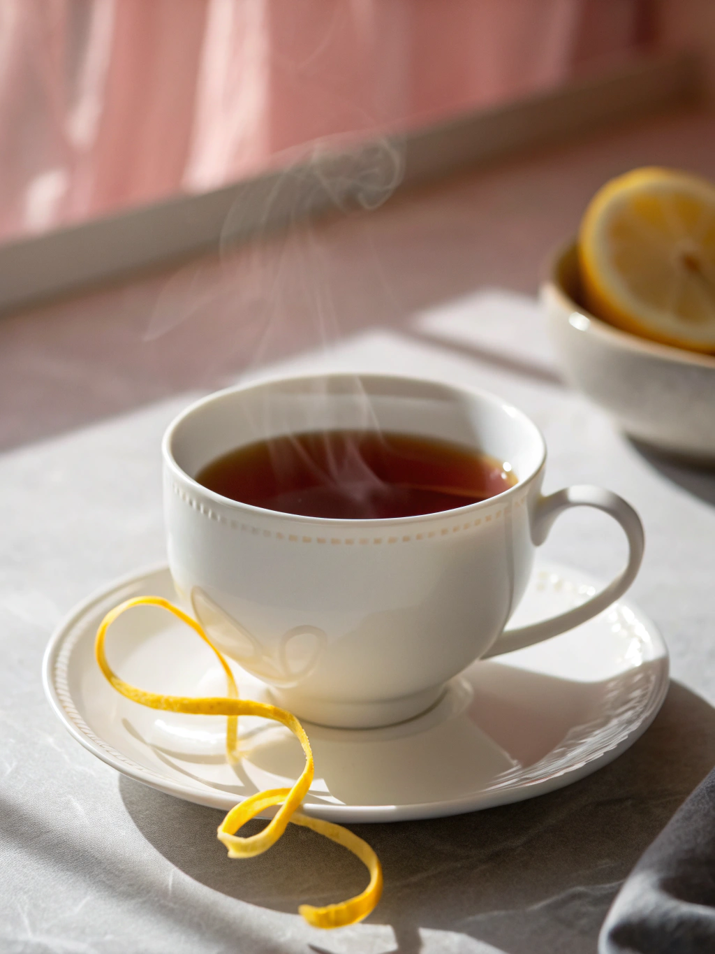 Steaming cup of Earl Grey tea with fresh bergamot zest