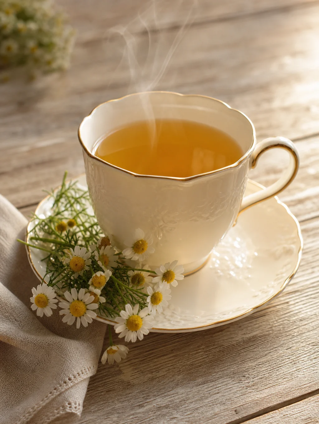 Golden chamomile infusion in a delicate porcelain cup