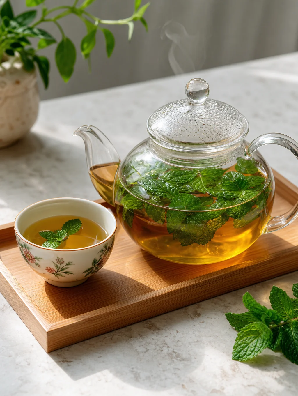 Fresh mint and verbena leaves in a glass teapot
