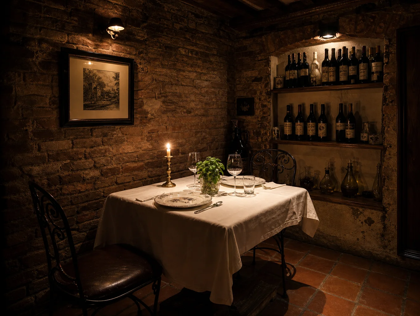 Secluded intimate corner booth set with artisanal terracotta accents and glowing candle