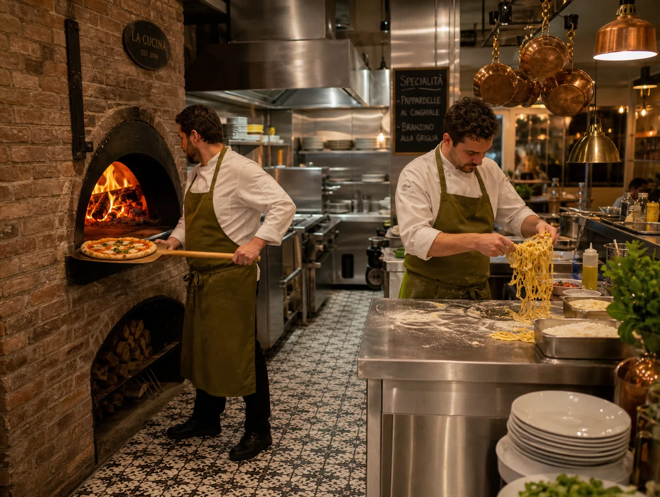 Chefs preparing fresh handmade pasta over glowing wood embers in the open kitchen