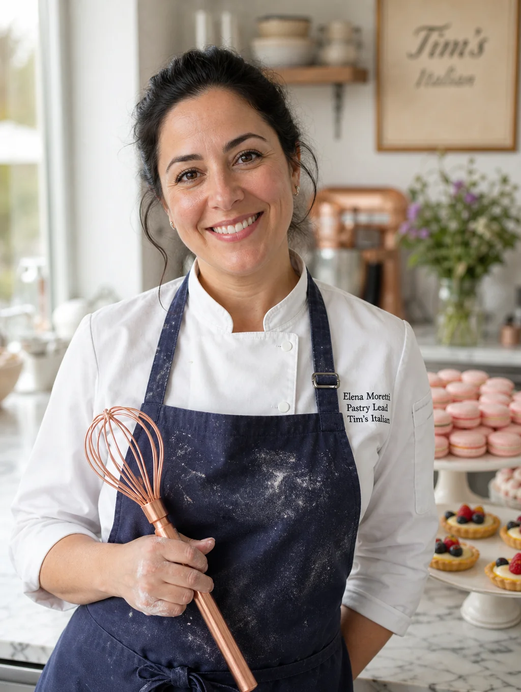 Elena Moretti plating a delicate seasonal dessert