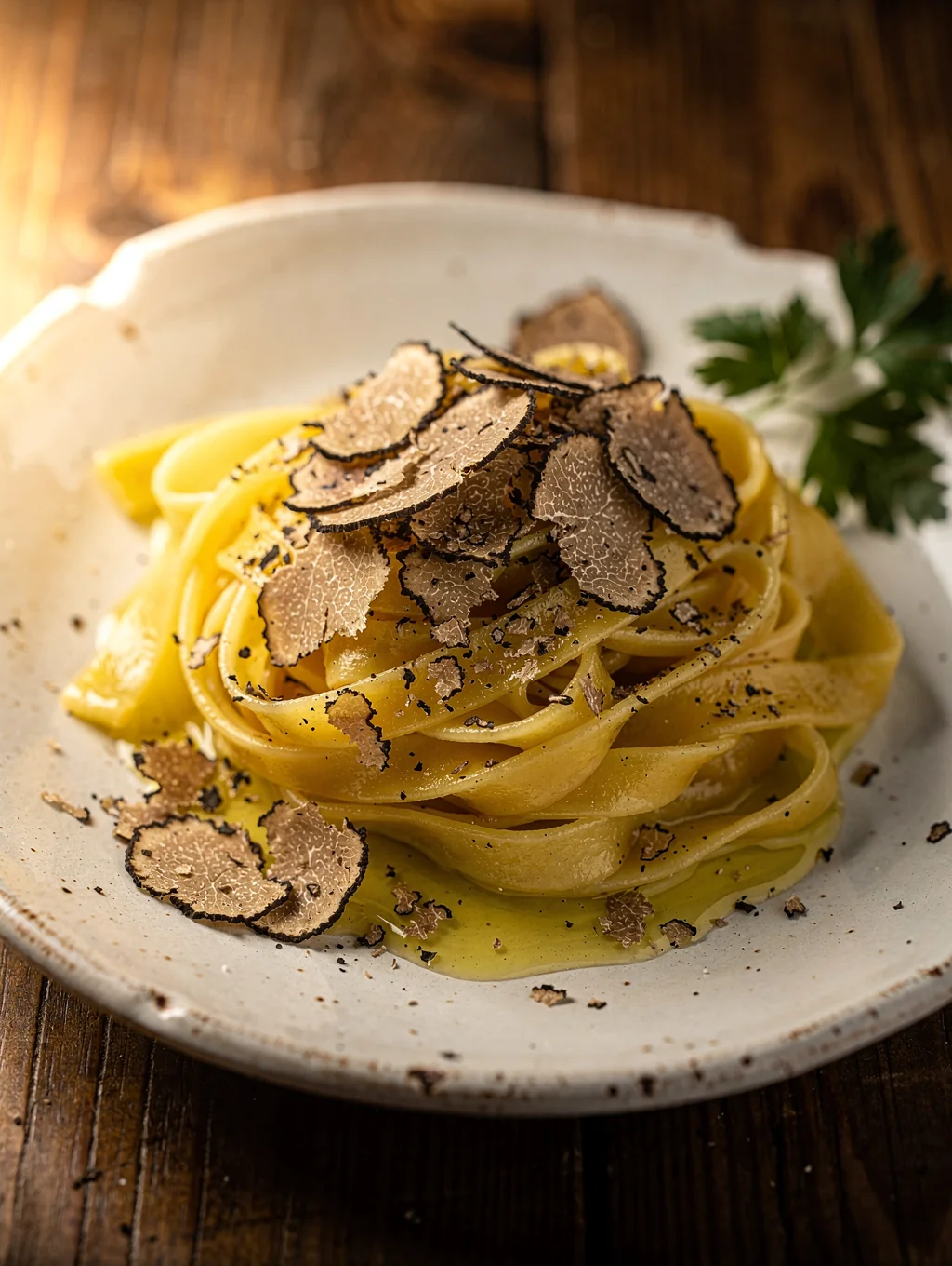 Handmade tagliatelle pasta with shaved black truffles