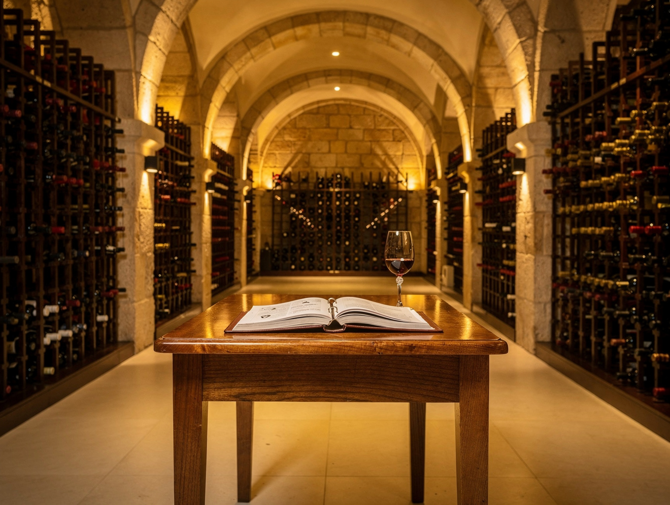 Vaulted brick wine cellar with illuminated vintage racks and private tasting table