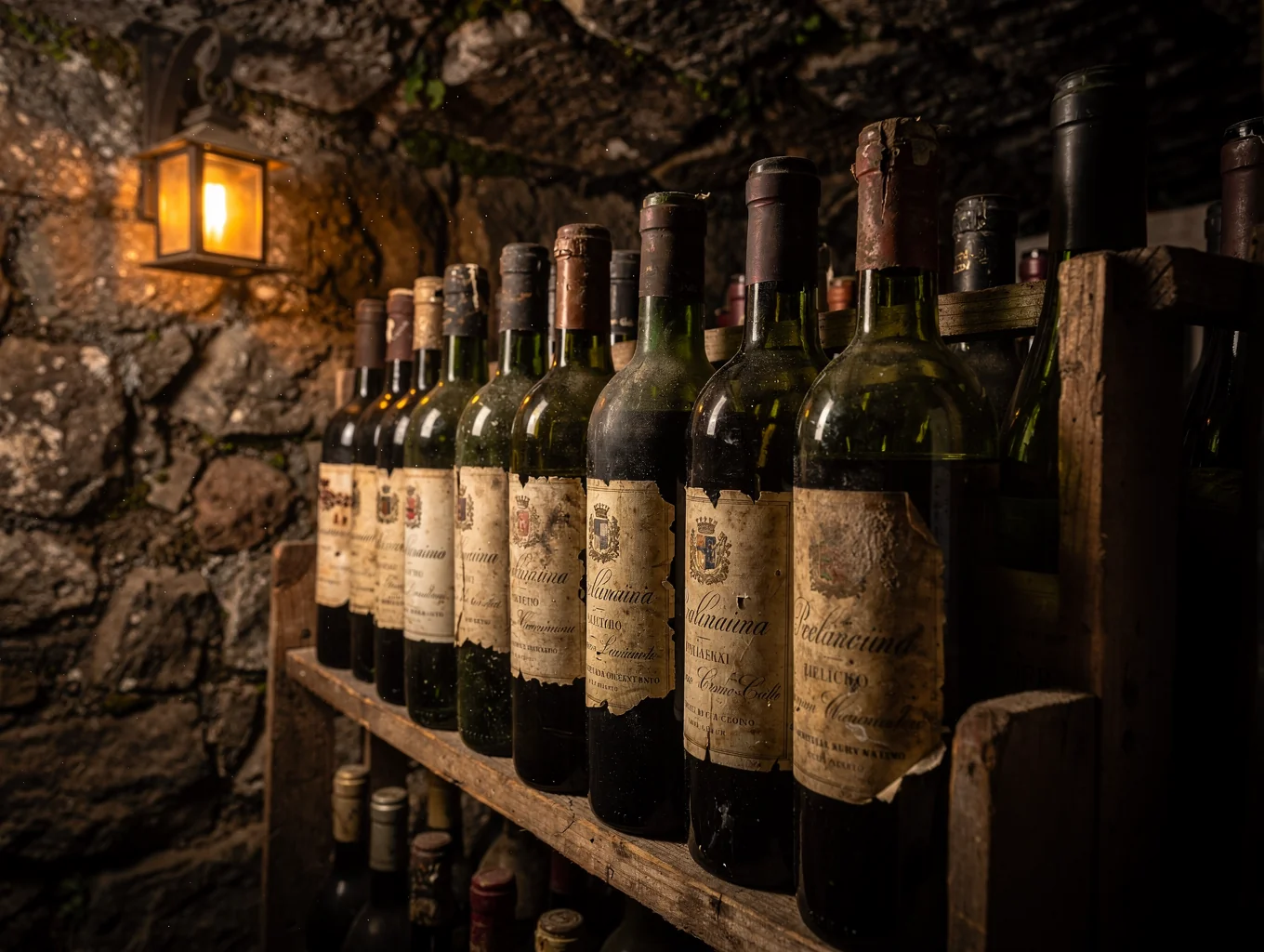 Wine cellar with rows of Italian bottles