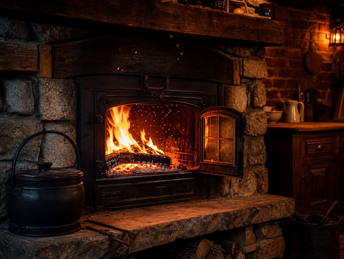 Glowing wood-fired hearth in the kitchen